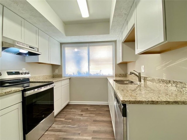 kitchen with sink, white cabinets, light stone counters, a tray ceiling, and stainless steel appliances