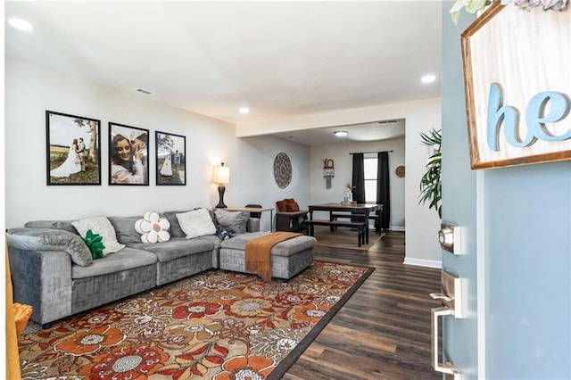 living room with dark hardwood / wood-style flooring