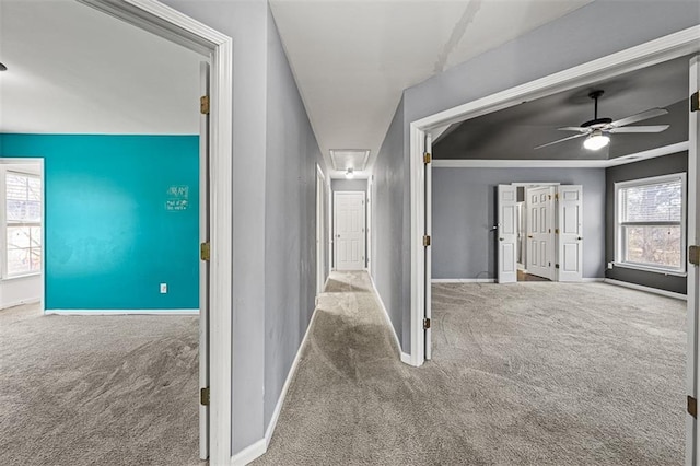 hallway featuring a healthy amount of sunlight, carpet flooring, and baseboards