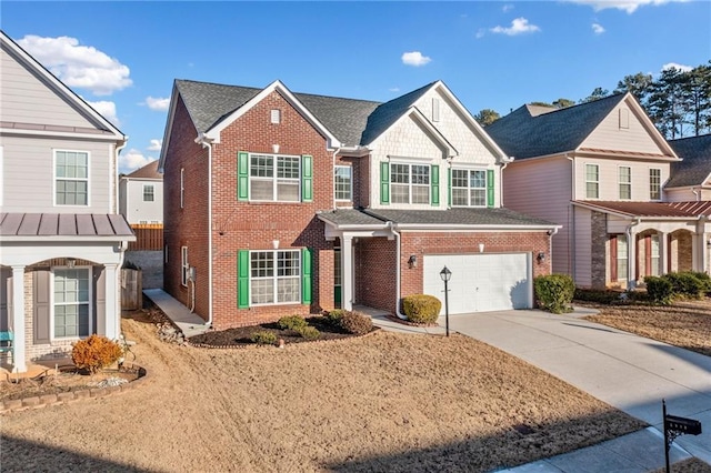 view of front of property with a garage, concrete driveway, and brick siding