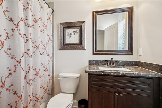 4155 Brookview Dr, Cumming, GA 30040 - full bathroom featuring vanity, toilet, curtained shower, and baseboards
