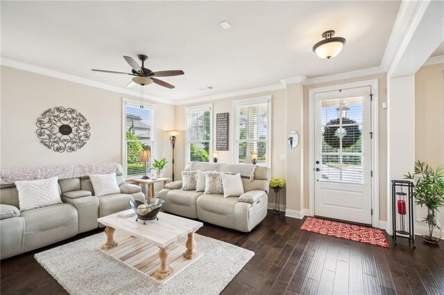 4155 Brookview Dr, Cumming, GA 30040 - living area with ceiling fan, dark wood-style floors, baseboards, and ornamental molding