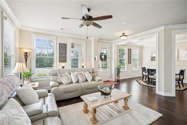4155 Brookview Dr, Cumming, GA 30040 - living room featuring ornamental molding, dark wood-type flooring, and ceiling fan