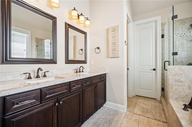 4155 Brookview Dr, Cumming, GA 30040 - full bath featuring double vanity, a shower stall, baseboards, and tile patterned flooring