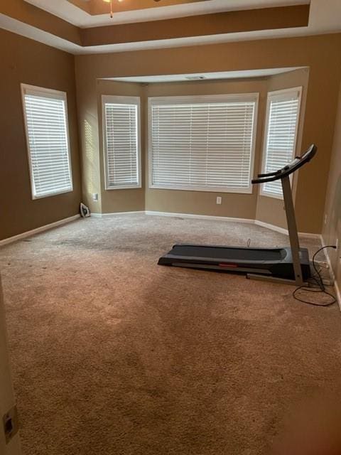 exercise area with a tray ceiling, carpet flooring, and a healthy amount of sunlight