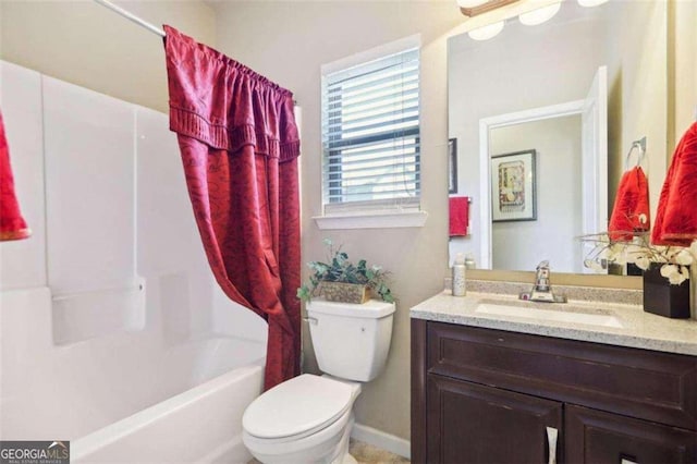 full bathroom with toilet, shower / tub combo, and vanity