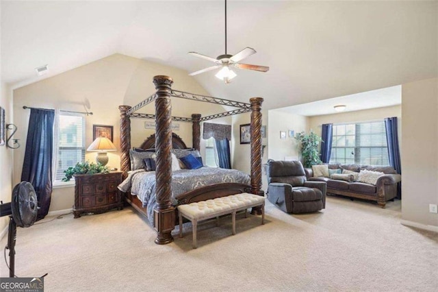 bedroom featuring ceiling fan, lofted ceiling, and carpet flooring