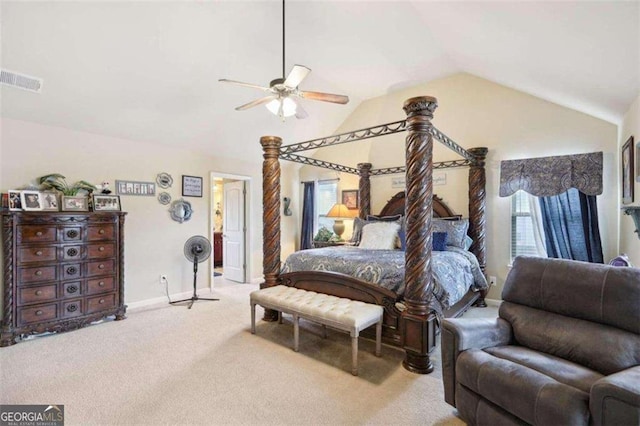 bedroom with lofted ceiling, carpet flooring, and ceiling fan