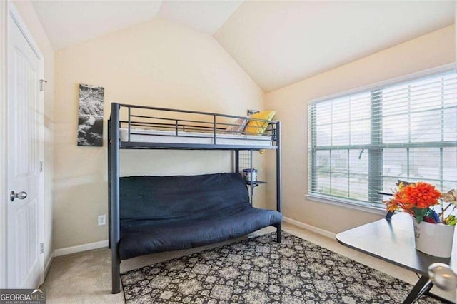 bedroom featuring carpet flooring and vaulted ceiling