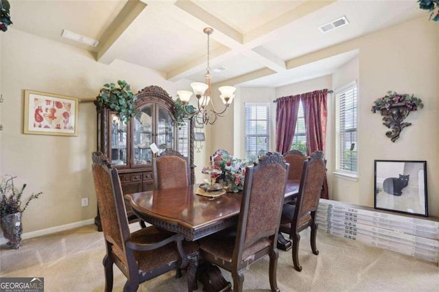 carpeted dining space with a notable chandelier, coffered ceiling, and beamed ceiling