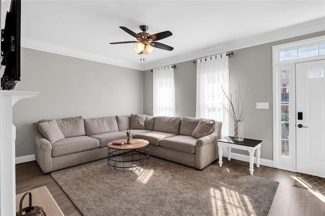 5990 Eagle Tiff Ln, Sugar Hill, GA 30518 - living room featuring wood finished floors, a ceiling fan, and crown molding