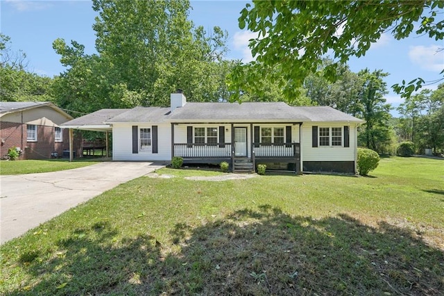 3388 Hamilton Mill Rd, Buford, GA 30519 - ranch-style house featuring covered porch, concrete driveway, a chimney, a front lawn, and a carport