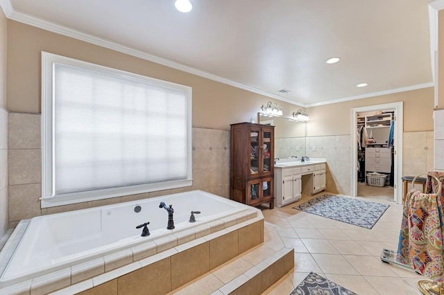 full bath featuring tile patterned flooring, tile walls, and ornamental molding