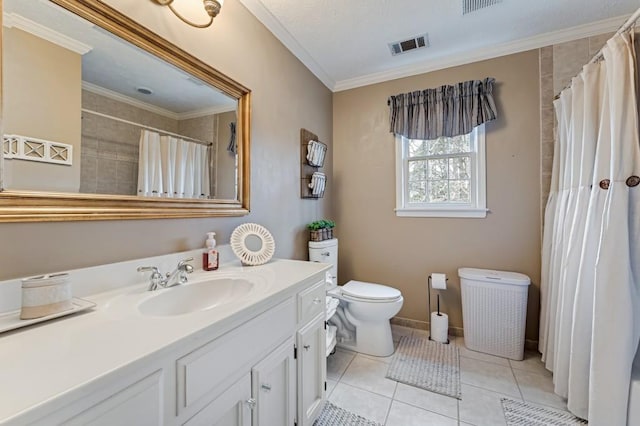 full bath with visible vents, crown molding, toilet, tile patterned floors, and vanity