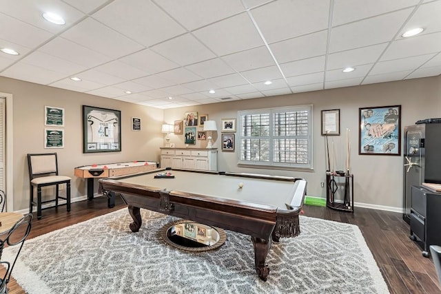 playroom featuring recessed lighting, baseboards, dark wood finished floors, and pool table