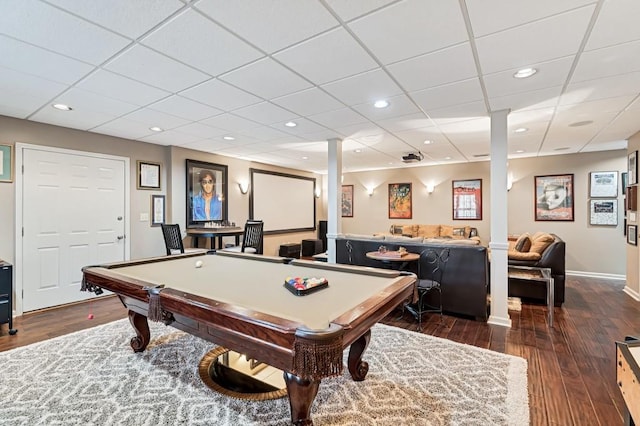 playroom with baseboards, dark wood-style flooring, recessed lighting, a paneled ceiling, and billiards