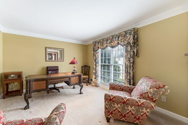 carpeted home office with baseboards and ornamental molding