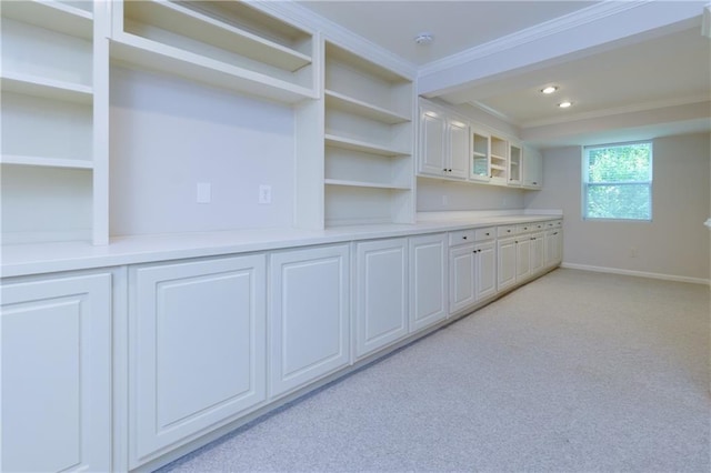 2995 Aspen Ridge Ct, Snellville, GA 30078 - kitchen featuring open shelves, ornamental molding, light colored carpet, white cabinets, and recessed lighting