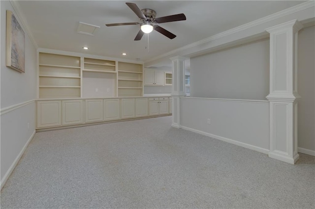 2995 Aspen Ridge Ct, Snellville, GA 30078 - unfurnished room with ornate columns, carpet, crown molding, recessed lighting, and ceiling fan