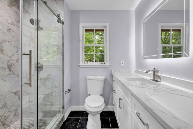 4260 Bonaparte Dr, Tucker, GA 30084 - full bathroom featuring vanity, a marble finish shower, and tile patterned flooring