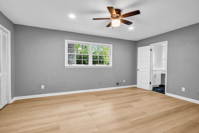4260 Bonaparte Dr, Tucker, GA 30084 - unfurnished bedroom with light wood-style floors, ensuite bathroom, recessed lighting, and a ceiling fan