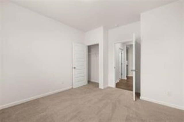unfurnished bedroom with baseboards, carpet, and a closet