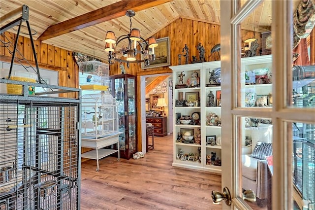 476 Franklin St, Dillard, GA 30537 - interior space featuring wooden walls, wood ceiling, a chandelier, and wood finished floors