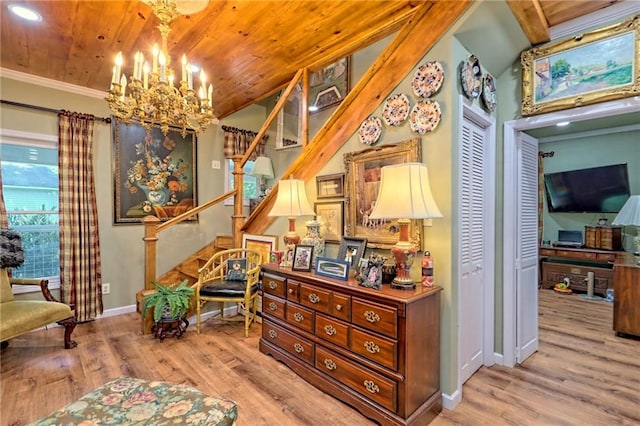 476 Franklin St, Dillard, GA 30537 - sitting room with a chandelier, stairs, wood finished floors, wood ceiling, and lofted ceiling
