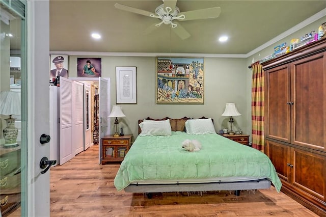 476 Franklin St, Dillard, GA 30537 - bedroom featuring light wood finished floors, crown molding, recessed lighting, and ceiling fan