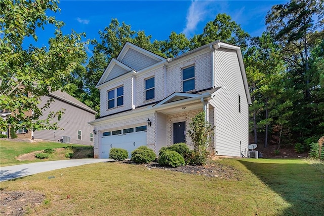 view of front of house with a front lawn, central air condition unit, and a garage