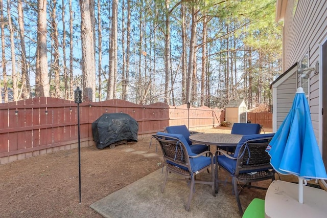 view of patio with a shed and grilling area