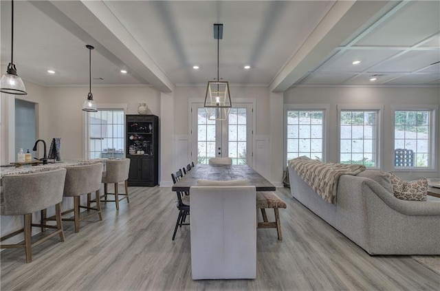 884 Oxford Rd, Ball Ground, GA 30107 - dining space featuring ornamental molding, light wood-type flooring, healthy amount of natural light, recessed lighting, and french doors