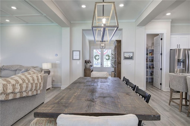 884 Oxford Rd, Ball Ground, GA 30107 - dining room with french doors, light wood-type flooring, ornamental molding, and recessed lighting