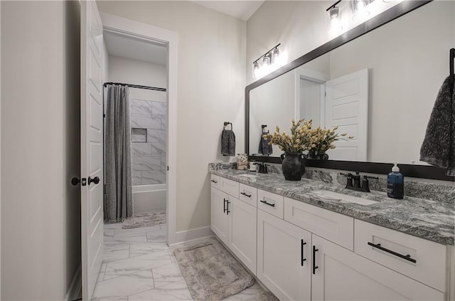 884 Oxford Rd, Ball Ground, GA 30107 - bathroom featuring marble look tile flooring, double vanity, and shower / bath combination with curtain