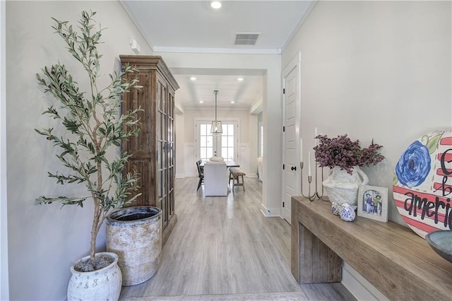 884 Oxford Rd, Ball Ground, GA 30107 - hall featuring light wood-style flooring, crown molding, and recessed lighting
