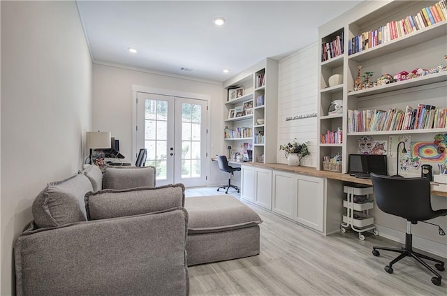 884 Oxford Rd, Ball Ground, GA 30107 - office area featuring built in desk, french doors, light wood-style floors, crown molding, and recessed lighting