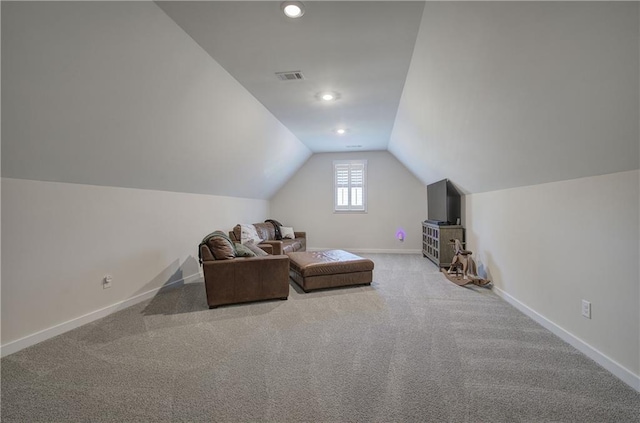 884 Oxford Rd, Ball Ground, GA 30107 - living area featuring vaulted ceiling, carpet, and recessed lighting