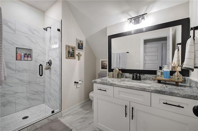 884 Oxford Rd, Ball Ground, GA 30107 - bathroom featuring marble look tiles, vanity, a shower stall, and vaulted ceiling
