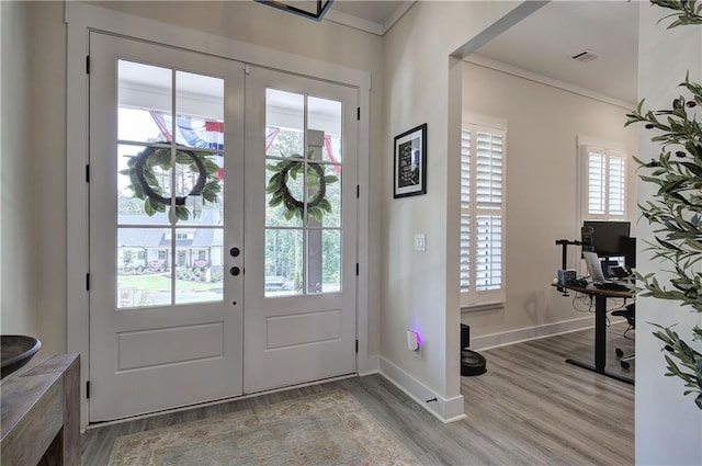 884 Oxford Rd, Ball Ground, GA 30107 - foyer featuring wood finished floors, french doors, and crown molding