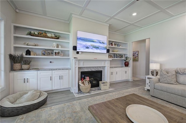 884 Oxford Rd, Ball Ground, GA 30107 - living area with light wood-style floors, a high end fireplace, crown molding, and coffered ceiling