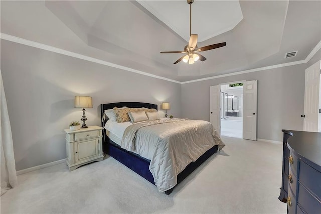 809 Hillcrest Ln, Woodstock, GA 30189 - bedroom with a tray ceiling, light colored carpet, baseboards, crown molding, and ceiling fan