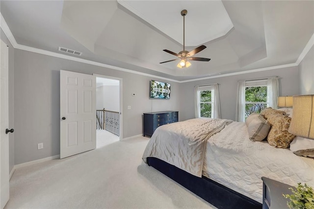 809 Hillcrest Ln, Woodstock, GA 30189 - bedroom with a raised ceiling, baseboards, light colored carpet, ornamental molding, and a ceiling fan
