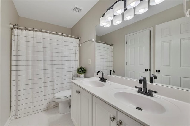809 Hillcrest Ln, Woodstock, GA 30189 - full bathroom with toilet, double vanity, tile patterned flooring, and curtained shower