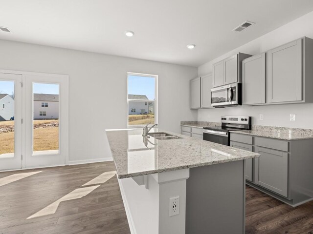 13 Coggins Pl, Rome, GA 30165 - kitchen featuring appliances with stainless steel finishes, gray cabinetry, a sink, a kitchen island with sink, and light stone countertops