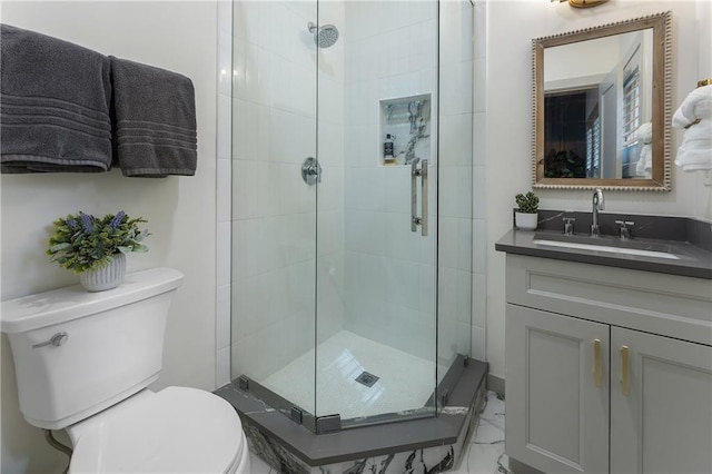 3899 Carlton Dr, Chamblee, GA 30341 - full bathroom with a shower stall, vanity, and marble look tiles