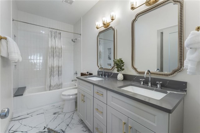 3899 Carlton Dr, Chamblee, GA 30341 - bathroom featuring double vanity, shower / bath combination with curtain, and marble finish flooring