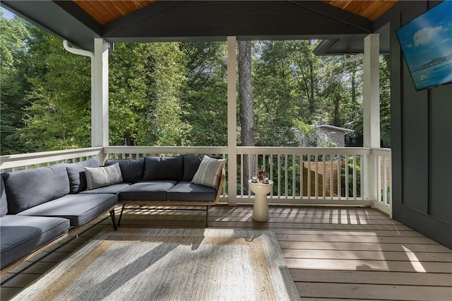 3899 Carlton Dr, Chamblee, GA 30341 - wooden deck featuring an outdoor hangout area and view of scattered trees