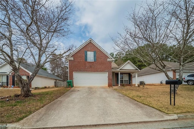 traditional-style house with concrete driveway, brick siding, an attached garage, and a front lawn