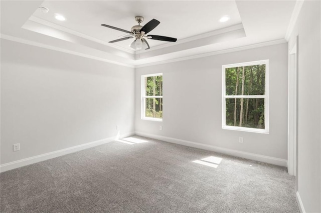 5209 Waterworks Rd, Jefferson, GA 30549 - carpeted spare room featuring a tray ceiling, crown molding, baseboards, ceiling fan, and recessed lighting