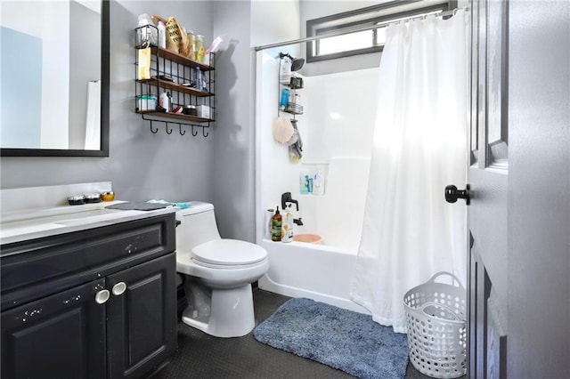 full bathroom with vanity, toilet, and shower / bathtub combination with curtain